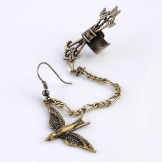 Bird Dangle Hook Earring Chain 3 Arrow Ear Clip Cuff Piercing Antique 
