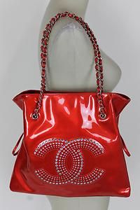 Chanel Authentic CC Tote Chain Red Patent Leather Handbag Beautiful 