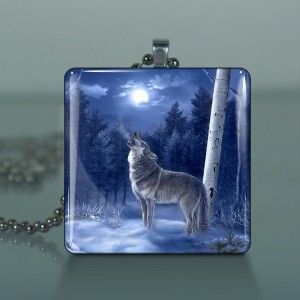 howling grey wolf glass tile necklace pendant 686