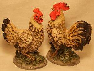 VINTAGE PAIR HEN AND ROOSTER CERAMIC CHICKEN FIGURINES ITALY
