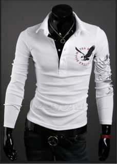 Mens Eagle Tattoo Printing Long Sleeve Polo T Shirt Size XXL White 