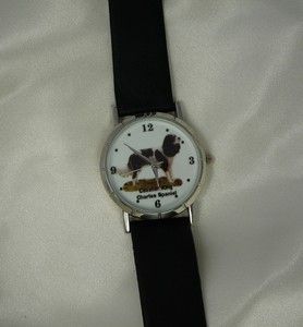 Cavalier King Charles Dog Watch Black Leather Band Silver Tone Casing 