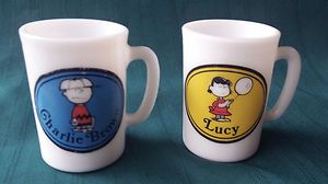 1969 Avon Charlie Brown and Lucy white milk glass 3 1/4 tall mugs