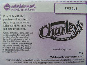 10 Charleys Grilled Subs Coupons B1G1 Sub x 11 1 2012