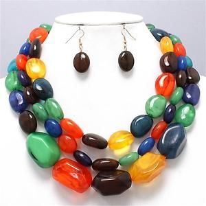 Chunky Colorful Beaded Gold Chain Earring Necklace Set Fashion Costume 