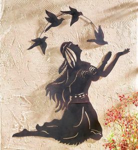    Rustic Native American Indian Woman Bird Chenoa Metal Wall Art Decor