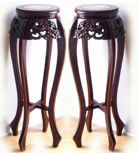 Pair Cherry Carved Wood Marble Top Plant Stands 36 New