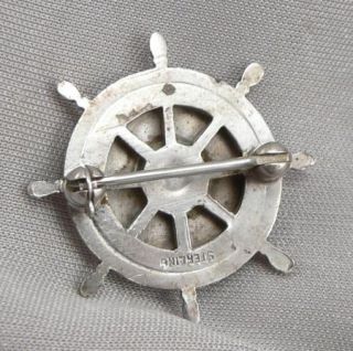 Vintage Sterling Silver Enamel Gloucester Fisherman Ships Wheel Brooch 