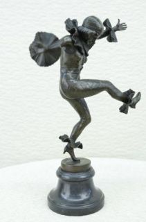 Signed Bronze Statue Art Deco French Columbine Harlequin Dancer Marble 