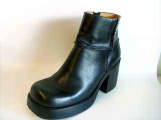   Black Leather Ankle Boots Villager Chunky Platform Nice US 9 96