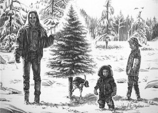Christmas Cards Americana Family Cutting Tree with Dog Peeing on Trunk 