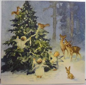   Erika Von Kager Angels & Deer Decorate Tree Vtg Christmas Card #1109