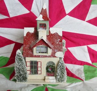 Tiny Christmas House Paper Mache School Putz Tower