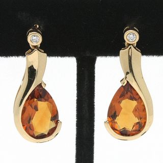  Jewelry Solid 14K Gold Pear Shaped Citrine & Diamond Dangle Earrings