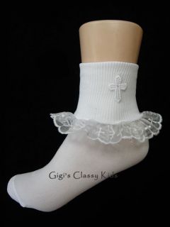  Girls White Lace Christening Baptism Socks w Cross Dedication