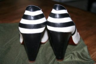 Chie Mihara Red Black White Stripe Leather Patchwork Pumps Shoes Heels