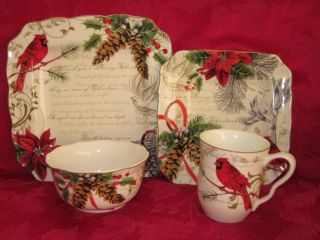 222 FIFTH HOLIDAY WISHES POINSETTIA CARDINAL CHRISTMAS DINNERWARE 16