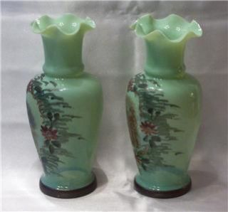 Pair of Hand Painted Green Bristol Vases Beautiful Transfer Images in