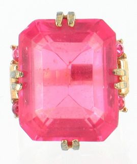 Vintage Big Hot Pink Cushion Cut Glass Stone RS Adjustable Ring Huge