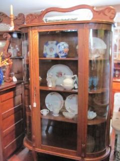 Antique Oak Glass China Cabinet Bowed Glass Sides