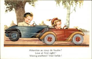 French Comic Children Racing Classic Cars Old Postcard