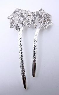Silver Clear Flower Swarovski Crystal Hair Pin Stick Fork Bridal
