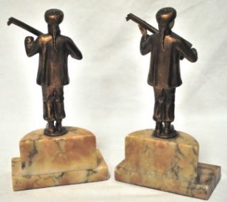 Pair of Vintage Bronze and Marble Oriental Musician Bookends as