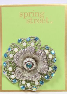 Spring Street Silver Tone Blue Clear White Crystal Flower Pin Brooch $