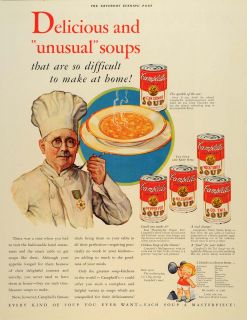 1933 Ad Campbells Kid Unusual Soup Souper Kid Chef Hat   ORIGINAL