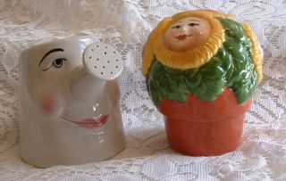 Clay Art Ceramic Watering Can Sunflower Flower Pot Salt Pepper Shakers