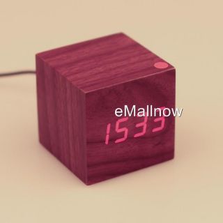 modern red led brown wood usb cube alarm clock