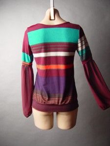 Burgundy Striped Retro 70s Chiffon Bishop Sleeve Vtg Y Sweater Knit