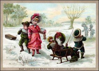 Christmas Victorian Children REPRO GREETING CARD Sleds Sleigh Snow