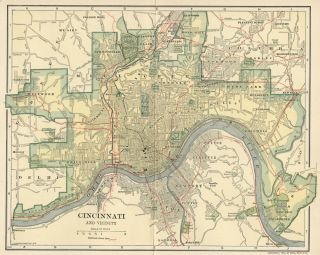 Cincinnati & Suburbs Map Authentic 1907 (Dated) Landmarks, Stations