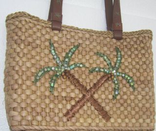  Tote Handbag Light Brown Palm Tree Bead Coconuts Beach Summer Vacation