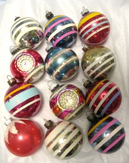 12 Medium Vintage 50s Shiny Brite Christmas Xmas Ornaments   Stripes