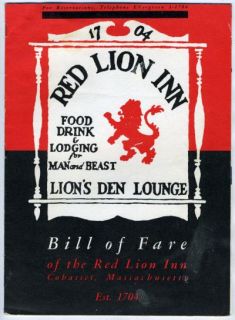 red lion inn menu cohasset ma 1960 bill of fare 1704 a 12 page menu