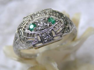  14kt White Gold Emerald Diamond Filigree Deco Cocktail Ring