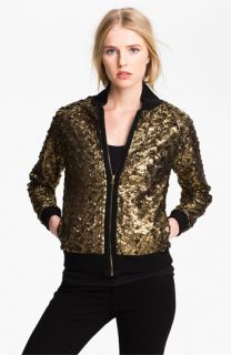 LAGENCE Foiled Feather Sweater Bomber