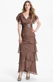 Adrianna Papell Flutter Sleeve Tiered Chiffon Gown