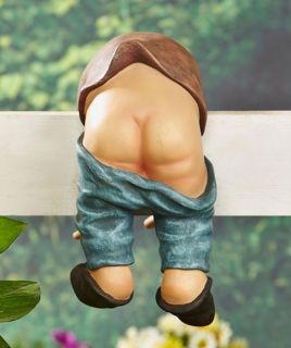 New Humorous Mooning Gnome Hanging Over Fence Outdoor Garden Statue