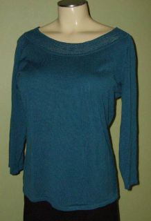 Coldwater Creek Teal Pointelle Neck Sweater M 10 12