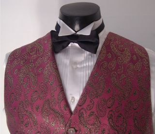 PINK W/GOLD PASILEY DESIGN TUXEDO VEST AND BLACK BOW TIE (LARGE)
