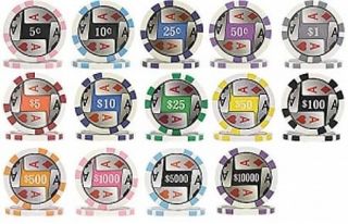 100 11 5 g Clay 4 Aces Style Poker Chips 14 Denominations Your Choice