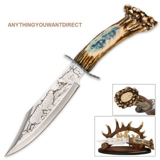 Custom Collectible Color Scene WOLF Bowie Knife with Antler Display