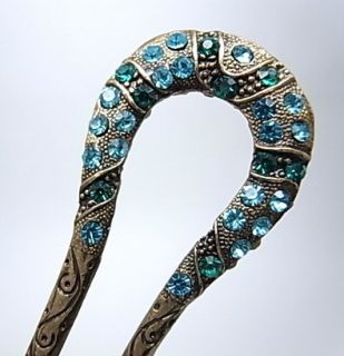 Bronze Clear Azure Light Blue Swarovski Crystal Hair Pin Stick Fork