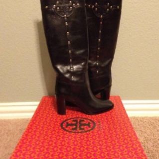 Tory Burch Colleen Mid Heel Black Leather Boots Size 9