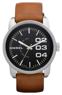 DIESEL® Large Round Leather Strap Watch