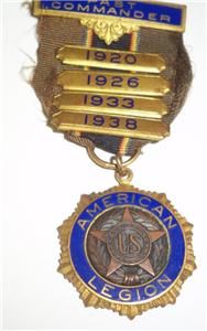  1933 1938 American Legion Past Commander Medal Ribbon Pin Gold