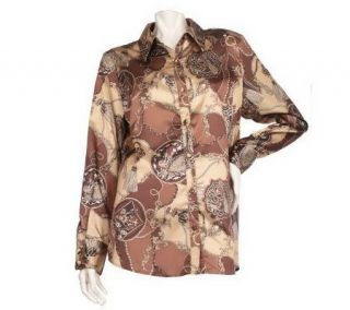 Dennis Basso Stretch Satin Button Front Blouse with Side Slits